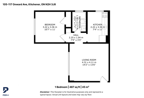 Floor plan for 1 bed, 1 bath, 487 sqft